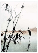 Cuadro japonés con bambú y garza en estilo sumi-e, kudeko.com