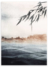 Cuadro japonés minimalista con bambú y paisaje acuático, kudeko.com