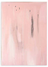 Cuadro abstracto de fondo rosado con detalles minimalistas en negro y blanco, kudeko.com