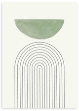 Gerahmtes Wandbild mit abstrakter Komposition aus schwarzen Linienbögen, salbeigrünem Halbkreis, weißem Hintergrund und minimalistischem Stil für nordische Einrichtung. Erhältlich auf kudeko.com
