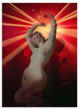 Quadro pop art com figura clássica iluminada por luzes de discoteca, efeito decorativo marcante e contraste luminoso moderno. Disponível em kudeko.com