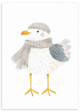 Quadro infantil com gaivota, gorro e cachecol em cinzento suave, corpo branco, asas azul acinzentado, bico amarelo e estilo delicado para quarto de bebé ou criança. Disponível em kudeko.com
