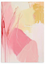 Tableau abstrait coloré dans des tons rose, pêche et jaune, style décoratif doux et moderne. Disponible sur kudeko.com