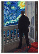 Cuadro surrealista de hombre en balcón con "La noche estrellada" de Van Gogh, disponible en kudeko.com.