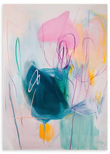 Cuadro abstracto colorido con formas libres en azul, rosa y amarillo, kudeko.com