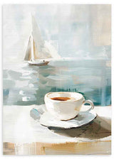 Cuadro minimalista de una taza de café y un paisaje náutico. Disponible en kudeko.com