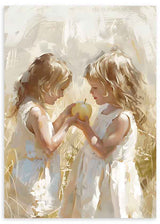 Quadro infantil que captura duas meninas em um lindo momento de cumplicidade. Disponível em kudeko.com
