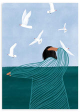 Cuadro ilustrado colorido mujer junto al mar con gaviotas de Bea Muller, kudeko.com