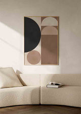 Cuadro abstracto con formas geométricas en tonos marrón, beige y negro, disponible en kudeko.com.