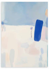 Cuadro abstracto con fondo claro y detalles en azul y pastel, kudeko.com