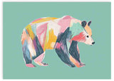 Horizontales Wandbild mit illustriertem Bären im Profil, mintgrünem Hintergrund, Rosa, Gelb, Blau, Koralle und Weiß im kindlichen Stil für Babyzimmer oder Spielecke. Erhältlich auf kudeko.com