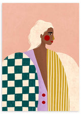 Cuadro ilustrado colorido con retrato femenino moderno y vestimenta geométrica, obra de Bea Muller, kudeko.com