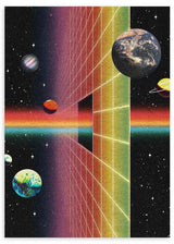 Futuristisches surreales Wandbild mit Planeten, geometrischer Struktur und Neonlichtern in intensiven Farben, moderne dekorative und kosmische Ausstrahlung. Erhältlich auf kudeko.com
