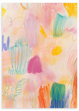 Cuadro abstracto colorido con líneas en tonos vivos sobre fondo claro, kudeko.com
