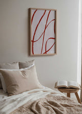 Cuadro abstracto con líneas curvas terracota sobre fondo beige, kudeko.com