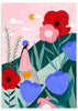 Cuadro ilustrado colorido con mujer caminando entre flores gigantes rojas, rosas y violetas en paisaje verde, obra de Bea Muller, kudeko.com
