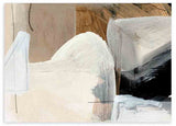 Quadro abstrato minimalista com formas suaves em tons de bege, branco e preto, estilo decorativo clean. Disponível em kudeko.com