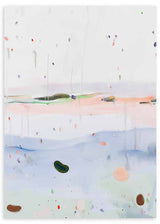 Tableau abstrait coloré avec formes dispersées sur fond blanc, composition décorative aux tons pastel et lignes expressives. Disponible sur kudeko.com