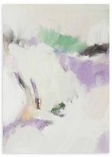 Cuadro abstracto en blanco, lavanda y verde con composición etérea y suave, kudeko.com
