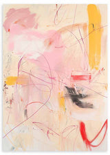 Dynamisches abstraktes Wandbild mit Formen in Rosa, Senfgelb und Schwarz, zeitgenössischer dekorativer Stil, kudeko.com. Erhältlich auf kudeko.com
