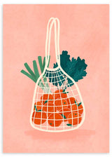 Cuadro ilustrado colorido bolsa de malla con naranjas y verduras de Bea Muller, kudeko.com