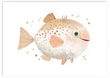 Cuadro infantil con ilustración de pez esférico en tonos naranja y beige. kudeko.com