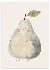 Cuadro infantil de pera sonriente en tonos suaves. kudeko.com