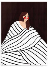 Cuadro ilustrado colorido mujer envuelta en manto blanco con rayas negras de Bea Muller, kudeko.com