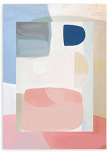 Cuadro abstracto geométrico en tonos pastel con azul marino y rosa, kudeko.com