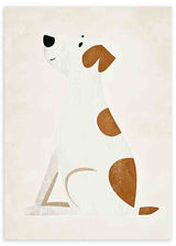 Cuadro con perrito blanco sentado sobre fondo crema, con detalles marrón cálido, beige y negro, composición simple y estilo minimalista infantil. Disponible en kudeko.com