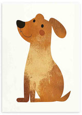 Cuadro con perrito infantil de cuerpo alargado, oreja caída, fondo claro y tonos marrón, beige y negro, de estilo ilustración. Disponible en kudeko.com