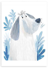 Cuadro con perro blanco de hocico azul, orejas grises y hojas azules alrededor, sobre fondo claro, de estilo infantil. Disponible en kudeko.com