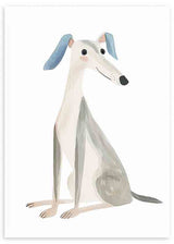 Wandbild mit sitzendem stilisiertem Hund, blauen Ohren, hellgrauem Körper, beigen Details, weißem Hintergrund und kindlichem Illustrationsstil. Erhältlich auf kudeko.com