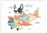 Cuadro infantil con ilustración de perro piloto volando en un avión rodeado de nubes. kudeko.com