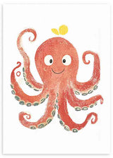 Cuadro de pulpo infantil coral con ojos grandes, tentáculos curvos, ventosas gris verdoso, fondo blanco y estilo infantil alegre. Disponible en kudeko.com