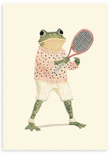 Tableau avec grenouille joueuse de tennis, pull rose à pois, pantalon clair, raquette rouge, fond crème et style enfantin aux tons vert olive, blanc et noir. Disponible sur kudeko.com