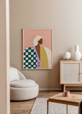 Cuadro ilustrado colorido con retrato femenino moderno y vestimenta geométrica, obra de Bea Muller, kudeko.com