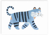 Cuadro horizontal con tigre azul de rayas negras, rostro tierno, detalles blancos y fondo claro, en estilo infantil. Disponible en kudeko.com
