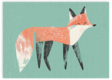 Tableau horizontal avec renard allongé orange et blanc, pattes noires, fond vert d’eau et style enfantin aux formes simples et douces. Disponible sur kudeko.com