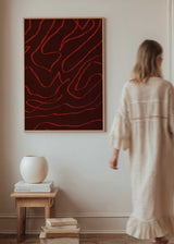 Cuadro abstracto burdeos con líneas orgánicas rojas, kudeko.com