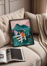 Cuadro ilustrado colorido mujer en valla contemplando montañas verdes y cielo rosado de Bea Muller, kudeko.com
