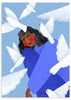 Cuadro ilustrado colorido mujer en azul con palomas blancas de Bea Muller, kudeko.com