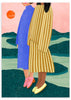 Cuadro ilustrado colorido con dos mujeres vestidas a rayas en paisaje con sol rojo, obra de Bea Muller, kudeko.com
