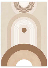 Tableau avec arcs concentriques, cercles superposés et formes courbes en beige, sable, blanc cassé et brun chaud, dans un style géométrique épuré inspiré du mid century. Disponible sur kudeko.com
