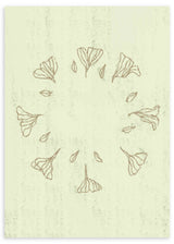 Wandbild mit kreisförmiger Komposition aus stilisierten Blättern und Blumen in Beige auf hellgrünem Hintergrund, mit sanfter Textur und ruhigem floralem Stil. Erhältlich auf kudeko.com