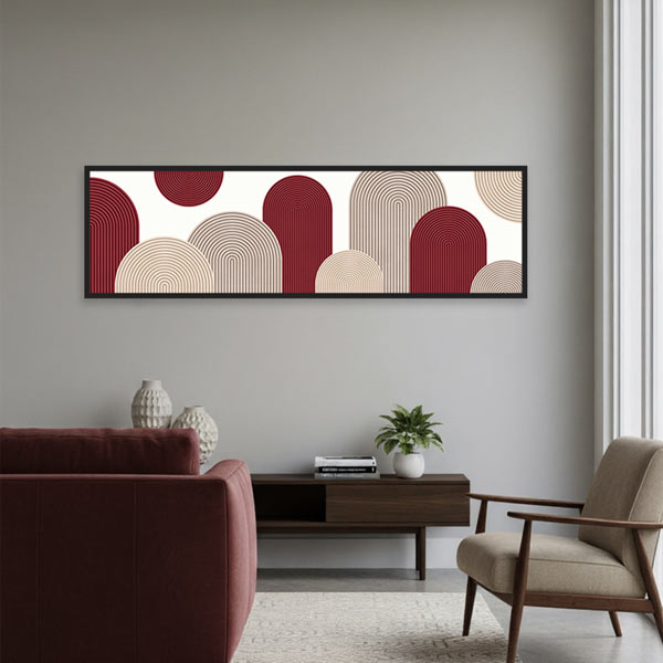 Quadro horizontal geométrico com arcos em tons de bordô e bege, estilo decorativo simples e equilibrado. Disponível em kudeko.com