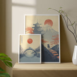 Wandbild im japanischen Stil mit Fuji, Brücke und roter Sonne im Japandi Stil, natürlichen Farbtönen und ruhiger dekorativer Wirkung. Erhältlich auf kudeko.com