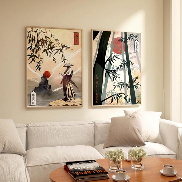 Conjunto de dos cuadros con samurái, bambú, soles rojos, fondos crema, sombras negras y composición japonesa de estilo ilustración. Disponible en kudeko.com