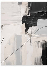 Cuadro composición abstracta en blanco, negro, gris y beige, con bloques amplios, textura marcada y líneas curvas finas de estilo abstracto. Disponible en kudeko.com