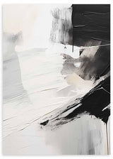 Quadro com composição abstrata em branco, preto e cinzento, manchas amplas, contrastes marcados e estilo contemporâneo minimalista para decoração de parede. Disponível em kudeko.com